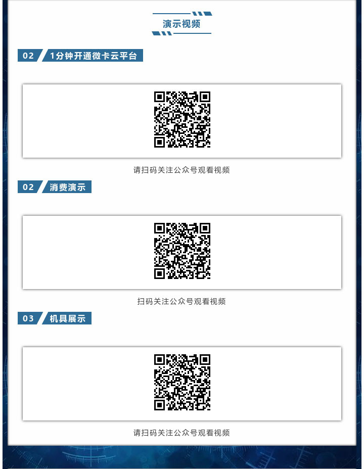 演示視頻，1分鐘開通微卡云平臺、消費演示、機具展示