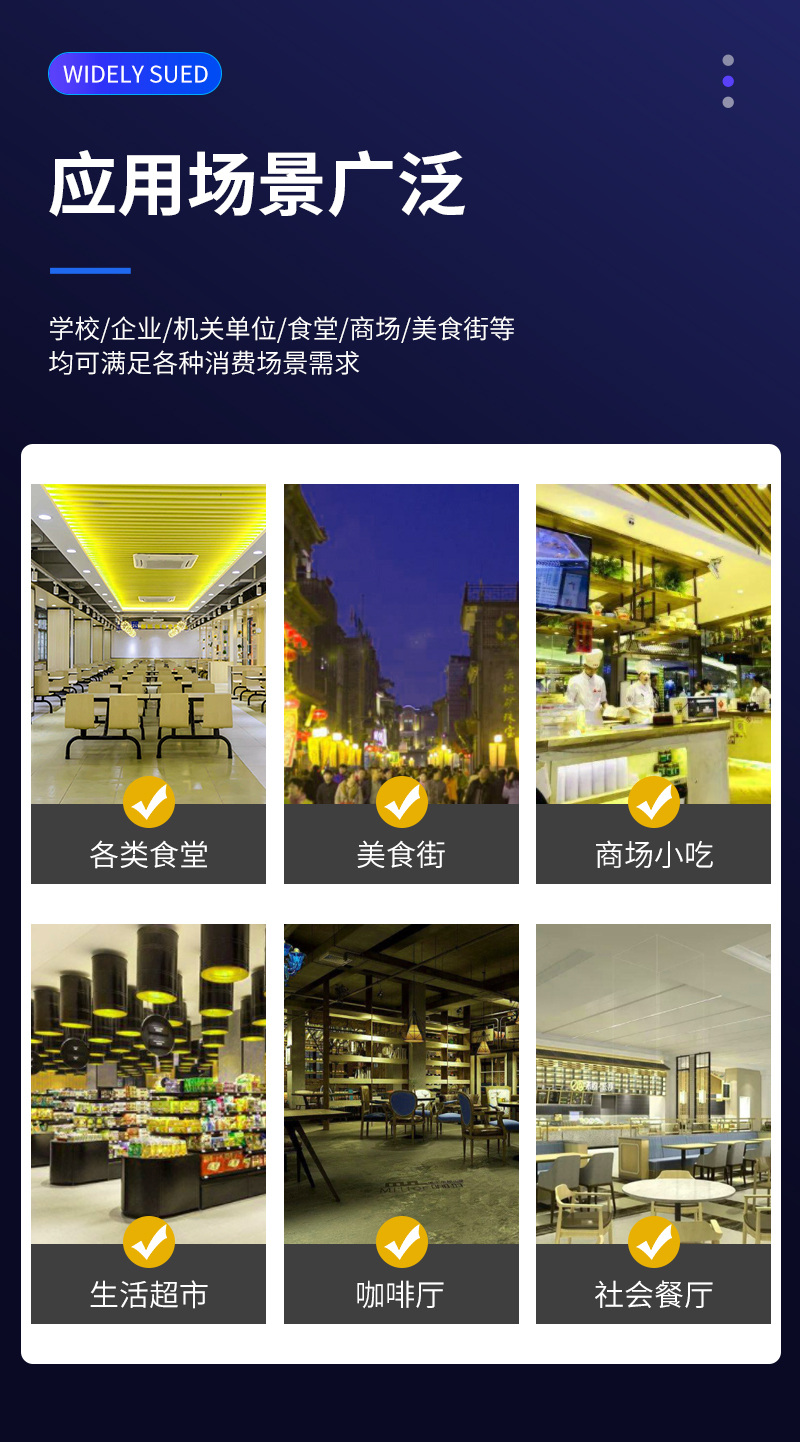 適用多種消費場景，食堂、美食街、商場、超市、餐廳